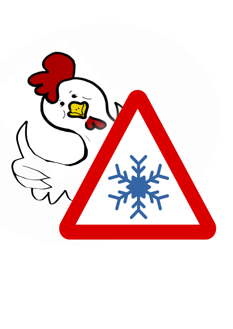 weißes Huhn mit Daumenoben-Zeichen und Verkehrsschild "Achtung Schnee"
